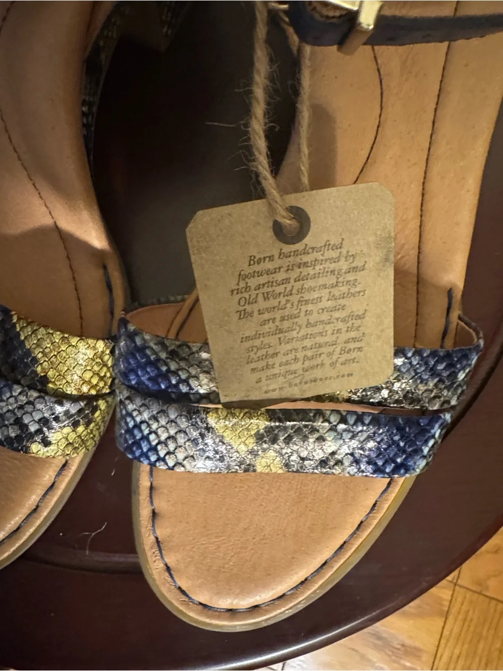 Born Blue Snake-Print Block Heel Sandals with Yellow Accents